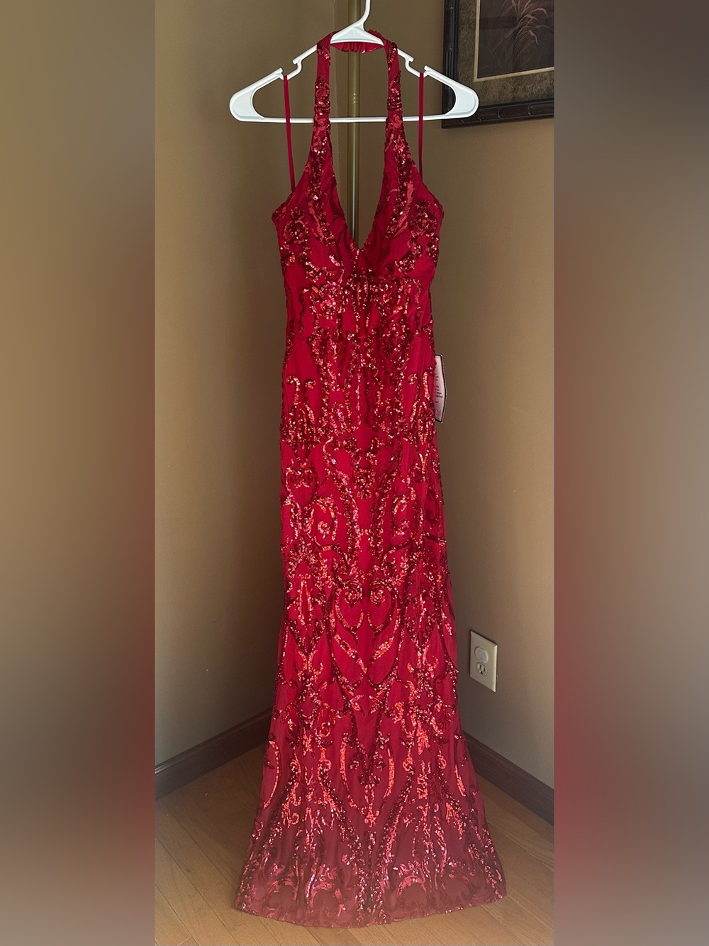B Darlin Red Sequin Halter V-Neck Prom Gown
